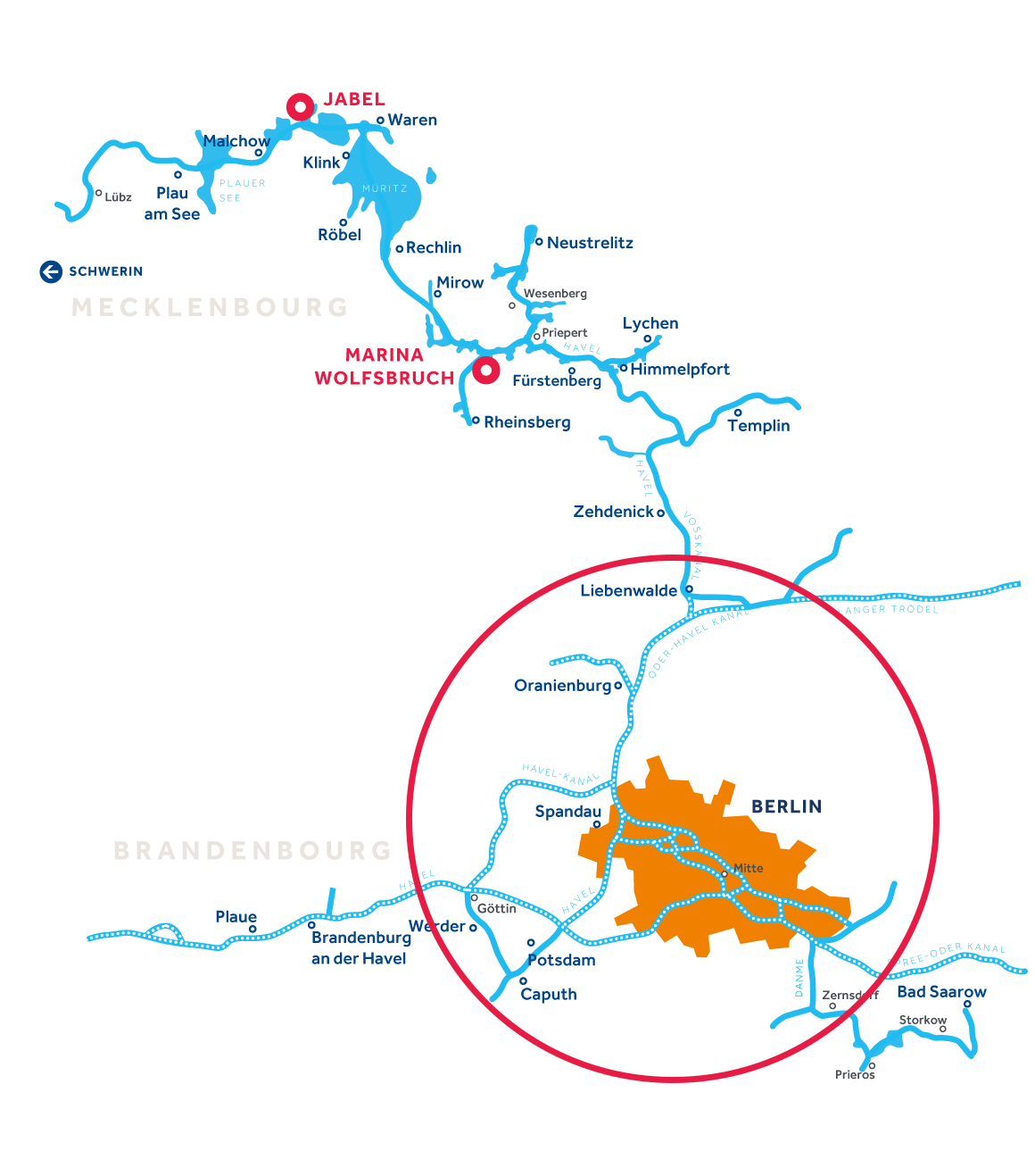 Carte de la région de navigation fluviale en Allemagne